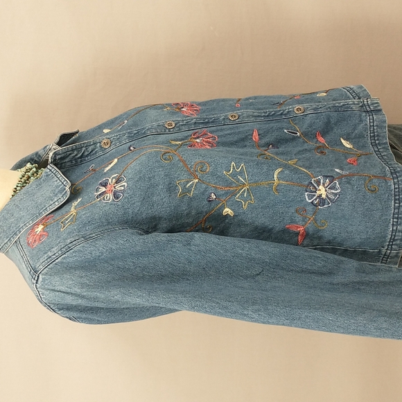 Embroidered Denim Shirt Jacket Vintage Floral Shacket 80s / 90s Blue Jean Cotton - Picture 7 of 12